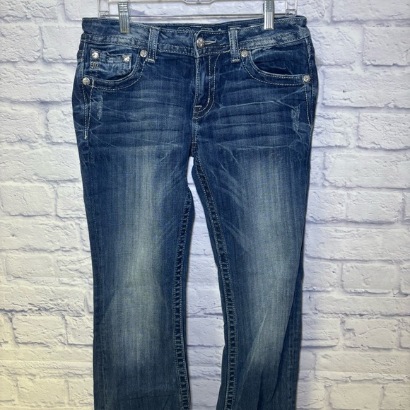 Miss Me Jeans Mid Rise Easy Boot Metallic Embellished Rhinestones Curvy Blue 29 - Picture 13 of 16